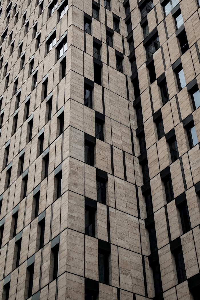 Close-up of a modern building facade with geometric patterns in Yerevan, Armenia.