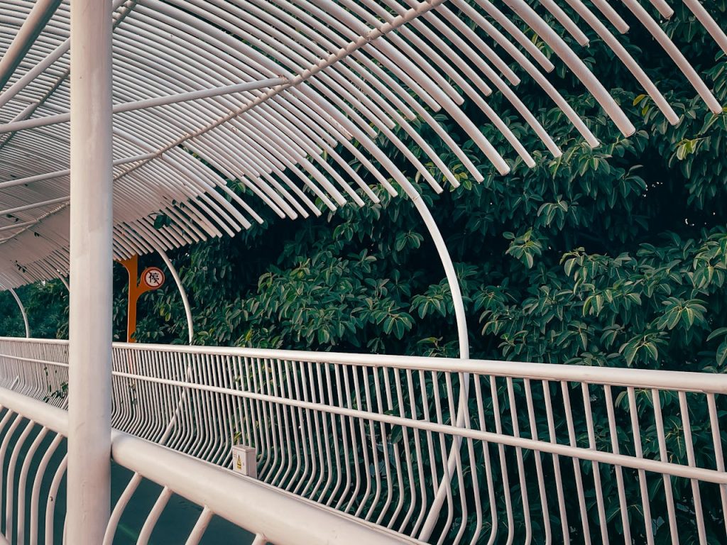 A contemporary walkway with a unique metal canopy design surrounded by lush greenery.